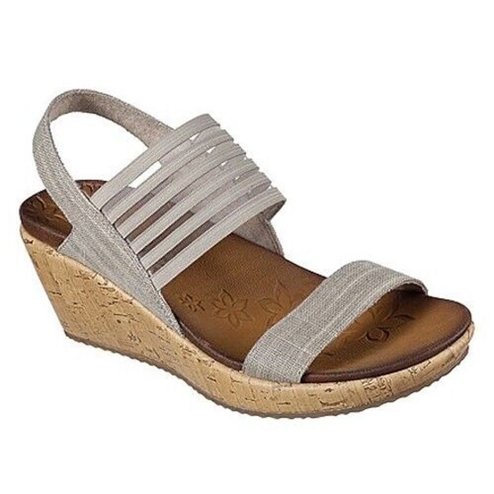 Skechers Beverlee Gray Smitten Kitten Slingback Wedge Sandals Womans Size 10‎